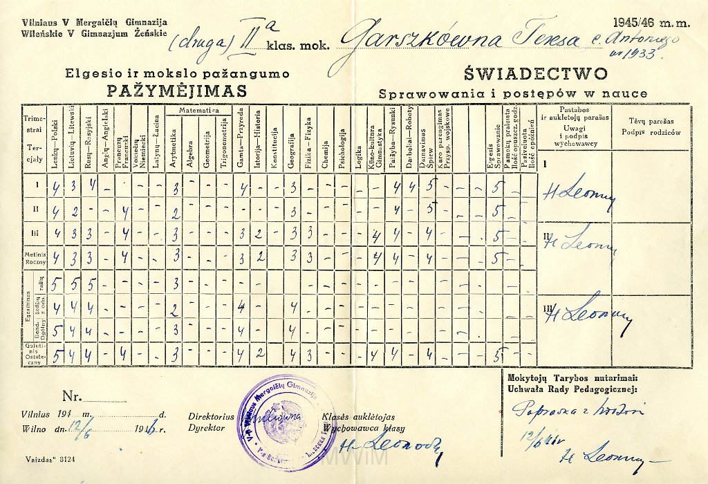 KKE 5814.jpg - (polski-litewski) Dok. Świadectwo szkolne wystawione przez V Gimnazjum Żeńskie w Wilnie z klasy IIa dla Teresy Graszko, Wilno, 12 VI 1946 r.